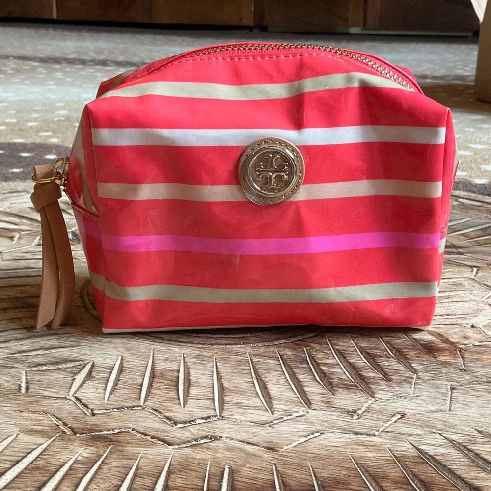 Tory Burch Pink Coral Striped Cosmetic Case with Gold Logo